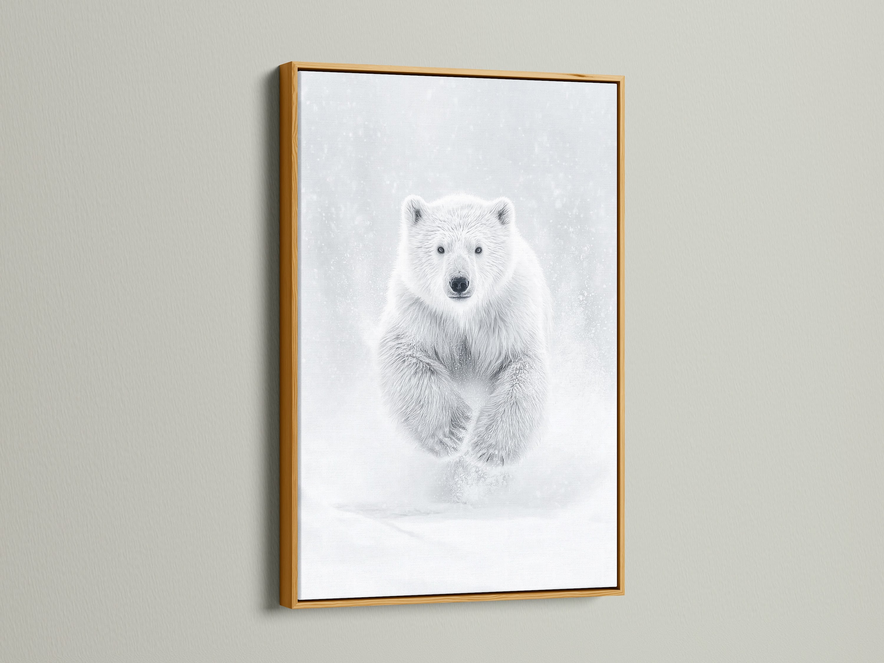 The polar bear artwork is framed in a gold frame adding a touch of elegance to the arctic animal print. The gold frame enhances the bear artwork making it a sophisticated choice for contemporary interiors. It's perfect as wildlife decor.