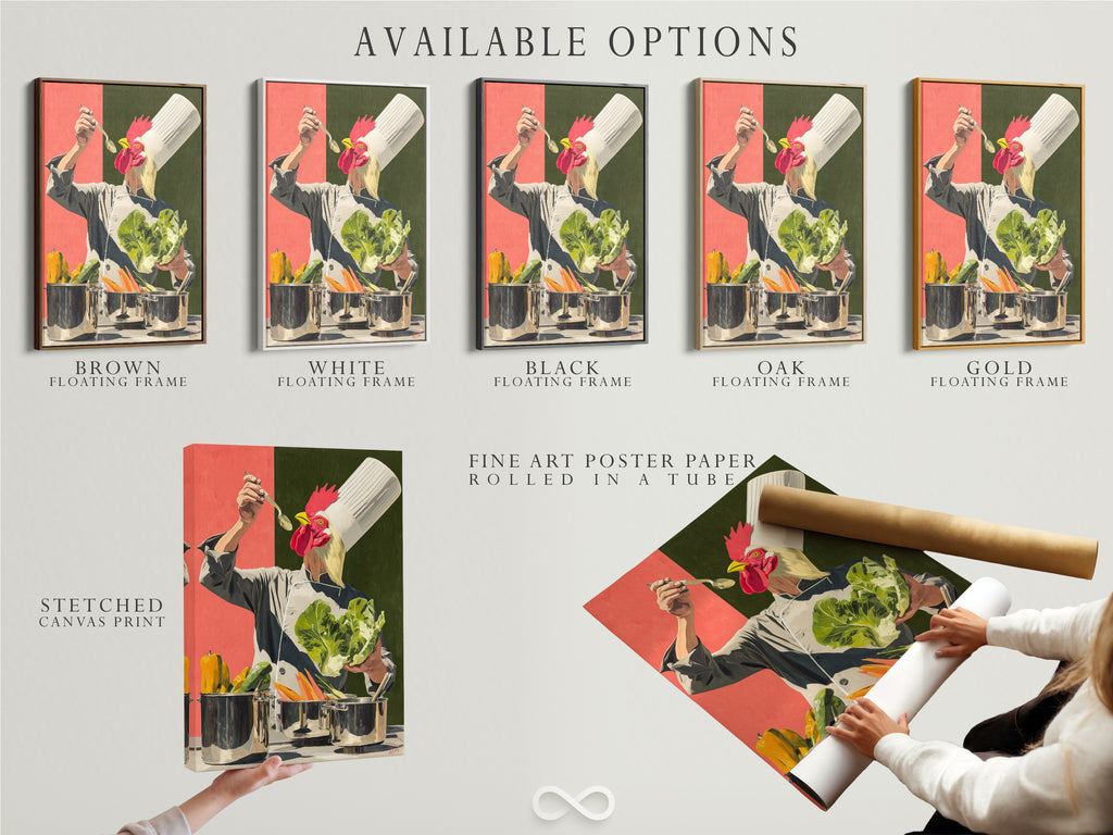 Available options for the Chef Rooster artwork. Choose from a stretched canvas print. You can also pick a fine art poster paper. Consider a floating frame for a unique look. The artwork is great for culinary themed spaces. It is a great gift for cooking enthusiasts.
