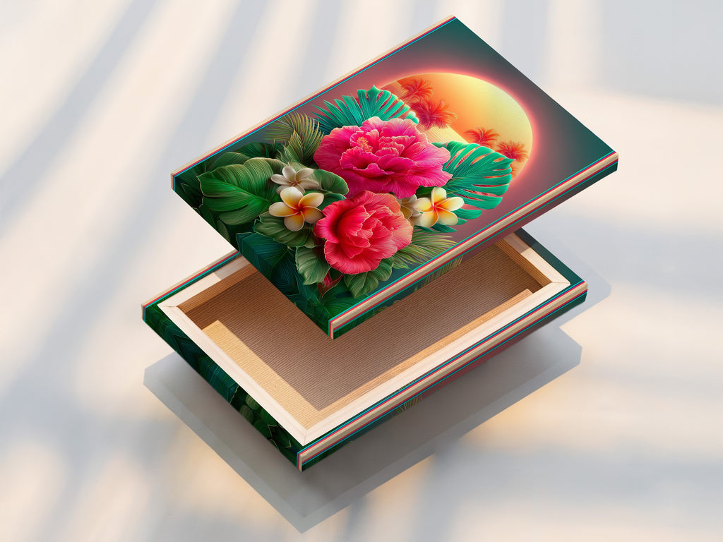 A stretched canvas print displays vibrant tropical flower artwork. The artwork showcases pink hibiscus and plumeria. The stretched canvas provides a gallery-quality look. Browse our stretched canvas prints. Bring your walls to life with our art today.