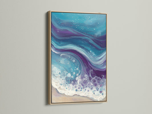Ocean Wave Abstract artwork with an oak frame. Notice the teal and purple fluid art. It's a coastal wall art piece for bedroom decor. Modern beach artwork at its finest.