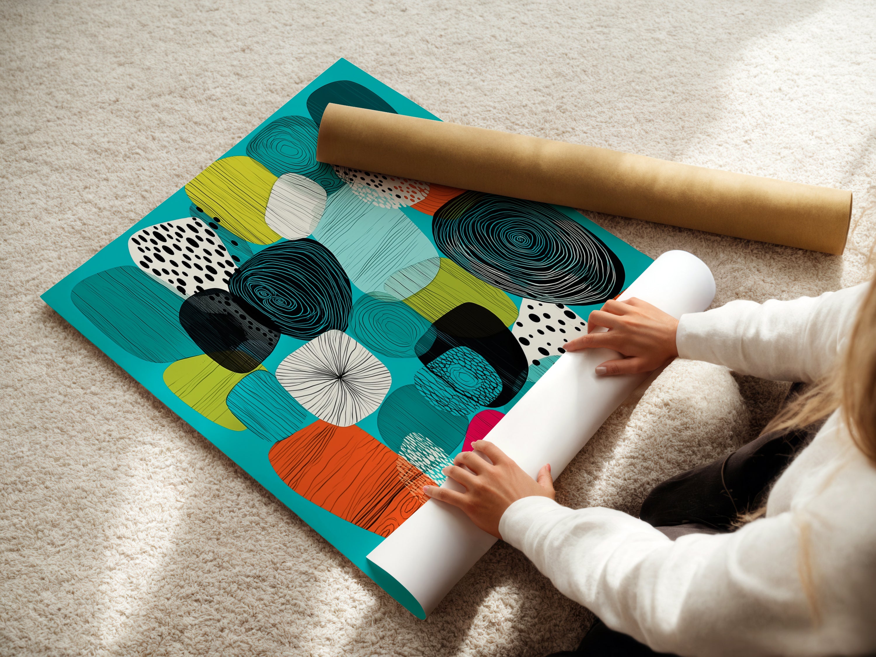 A woman carefully rolls a fine art poster paper print. The mid-century modern artwork features teal orange and geometric shapes. This abstract canvas is perfect for home wall decor. Great for clinics cafes and boardrooms.