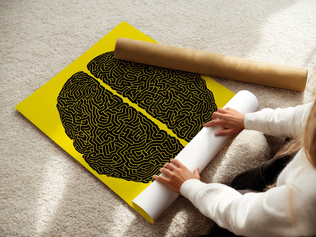 A woman is carefully rolling fine art poster paper. The paper is handled to prevent creases. High-quality materials ensure a beautiful print. Each poster is prepared for framing. Order your fine art poster today.