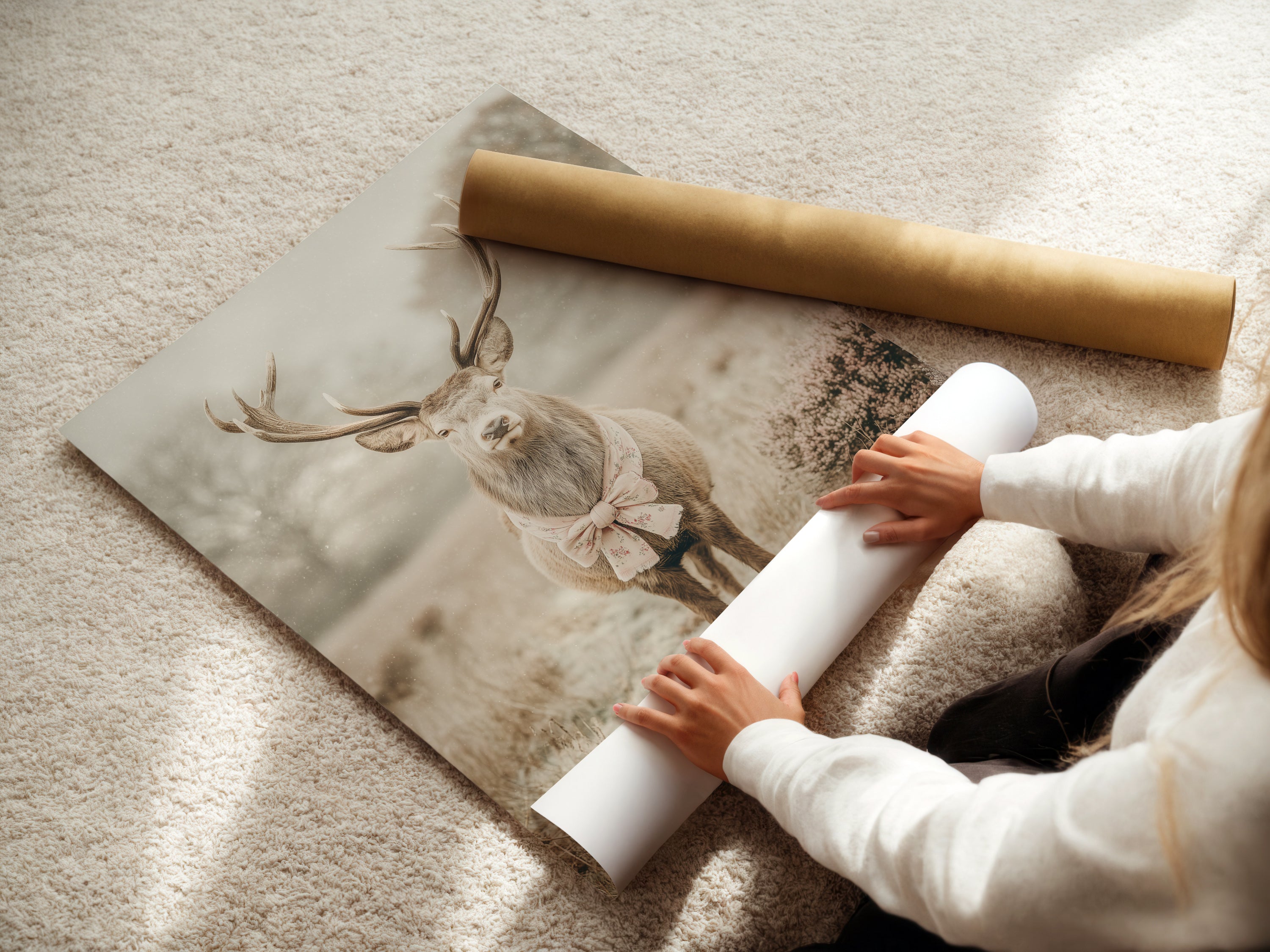A woman is rolling fine art poster paper. It showcases the process of creating high quality prints. This fine art poster paper is ideal for vintage wall art. Perfect for creating woodland nursery prints. The paper ensures the artwork looks stunning and lasts long. It's a great option for rustic wall art and farmhouse wall decor.