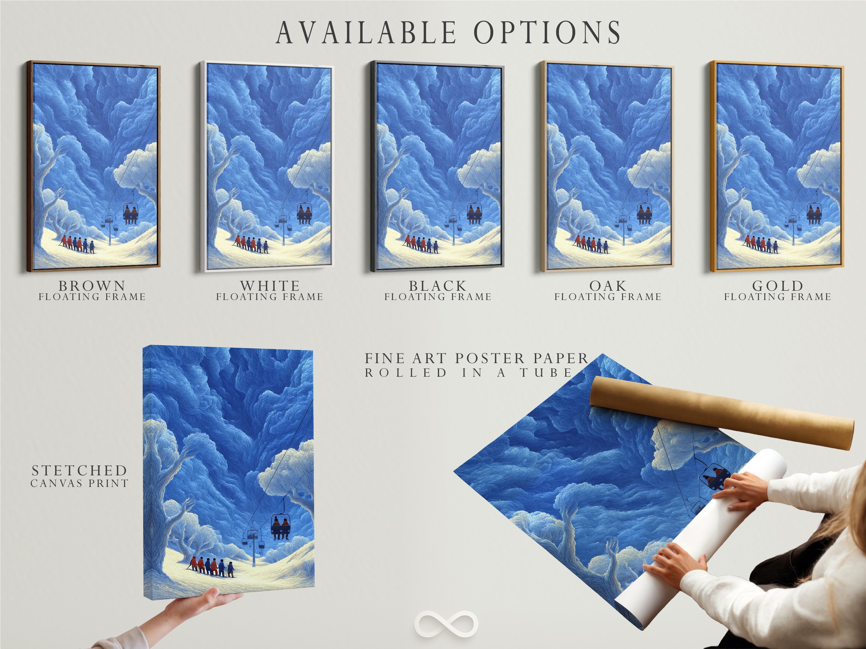 Available options for blue winter mountain artwork are displayed. Choose from stretched canvas prints fine art poster paper and floating frames. Customize your vintage ski lift poster to match your style. Create the perfect cabin wall decor with these versatile choices.