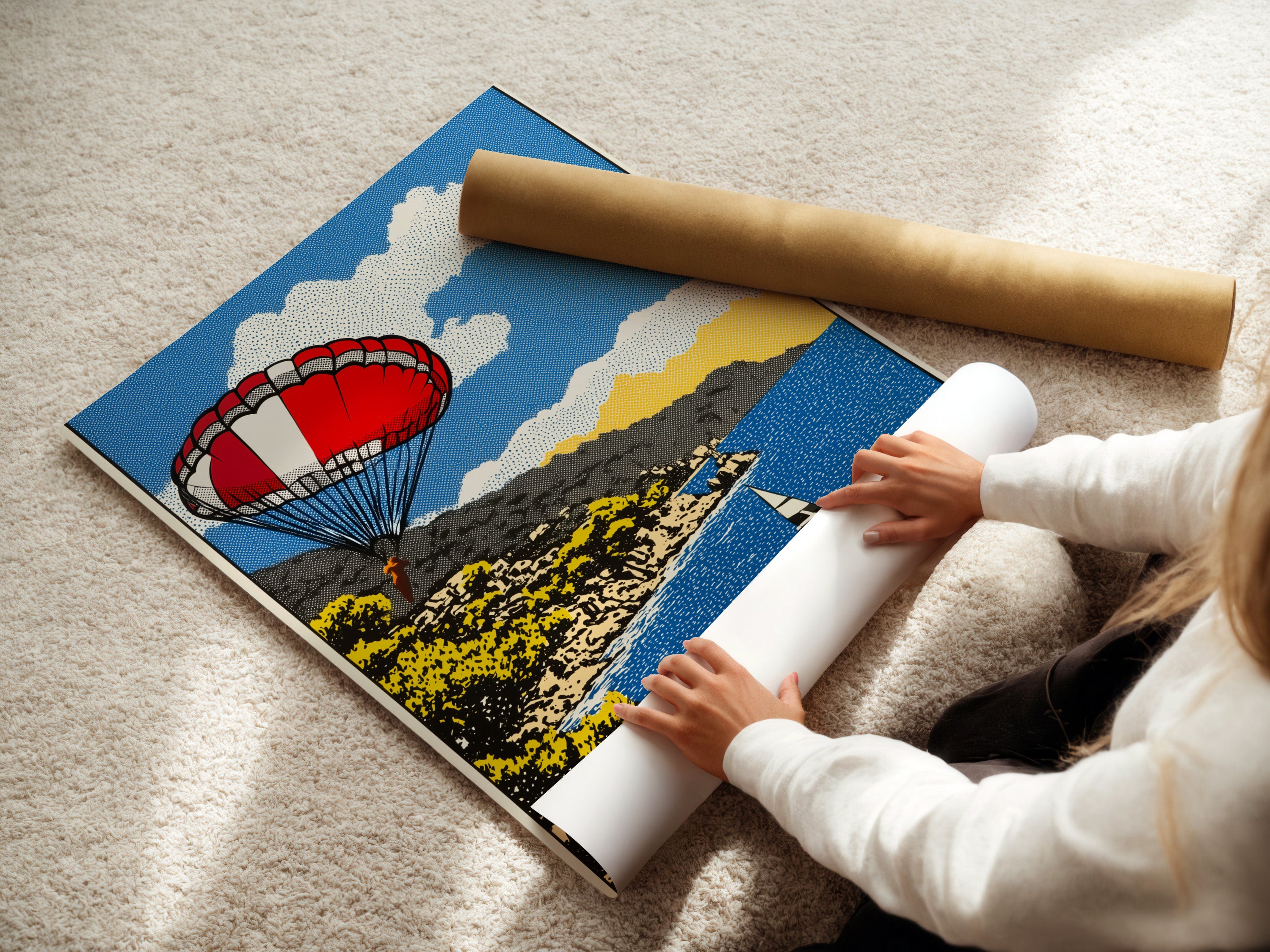 A woman is carefully rolling fine art poster paper. The paper is handled with precision and care. High-quality materials ensure the artwork's longevity. The process reflects dedication to art preservation.