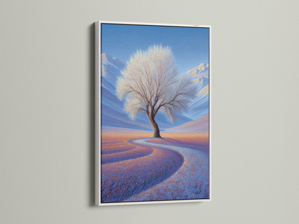A white frame elegantly displays the art. The artwork has a vibrant color palette. White frames offer a clean modern aesthetic. White frame is perfect for any interior. It brightens up any room.