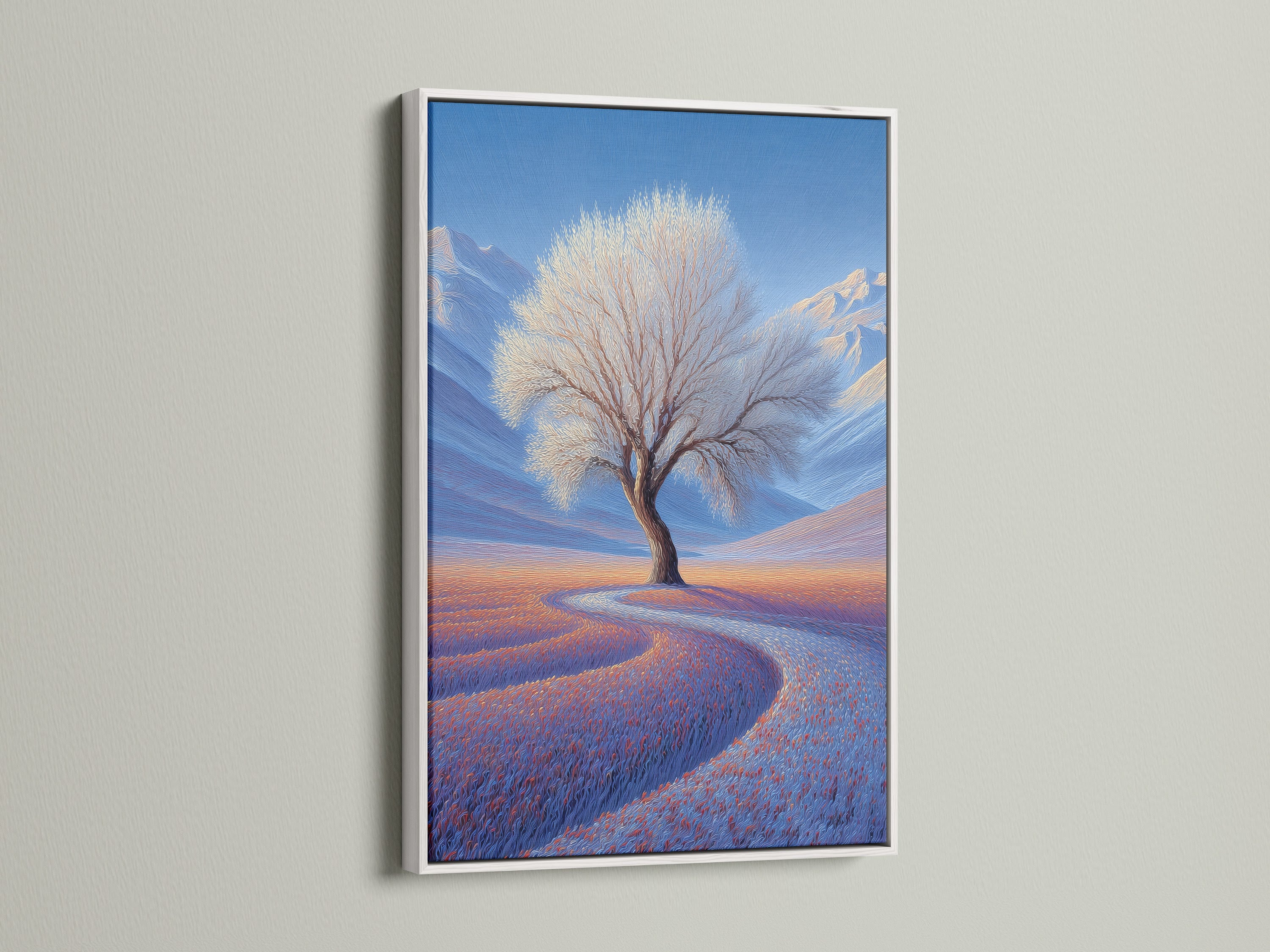 A white frame elegantly displays the art. The artwork has a vibrant color palette. White frames offer a clean modern aesthetic. White frame is perfect for any interior. It brightens up any room.