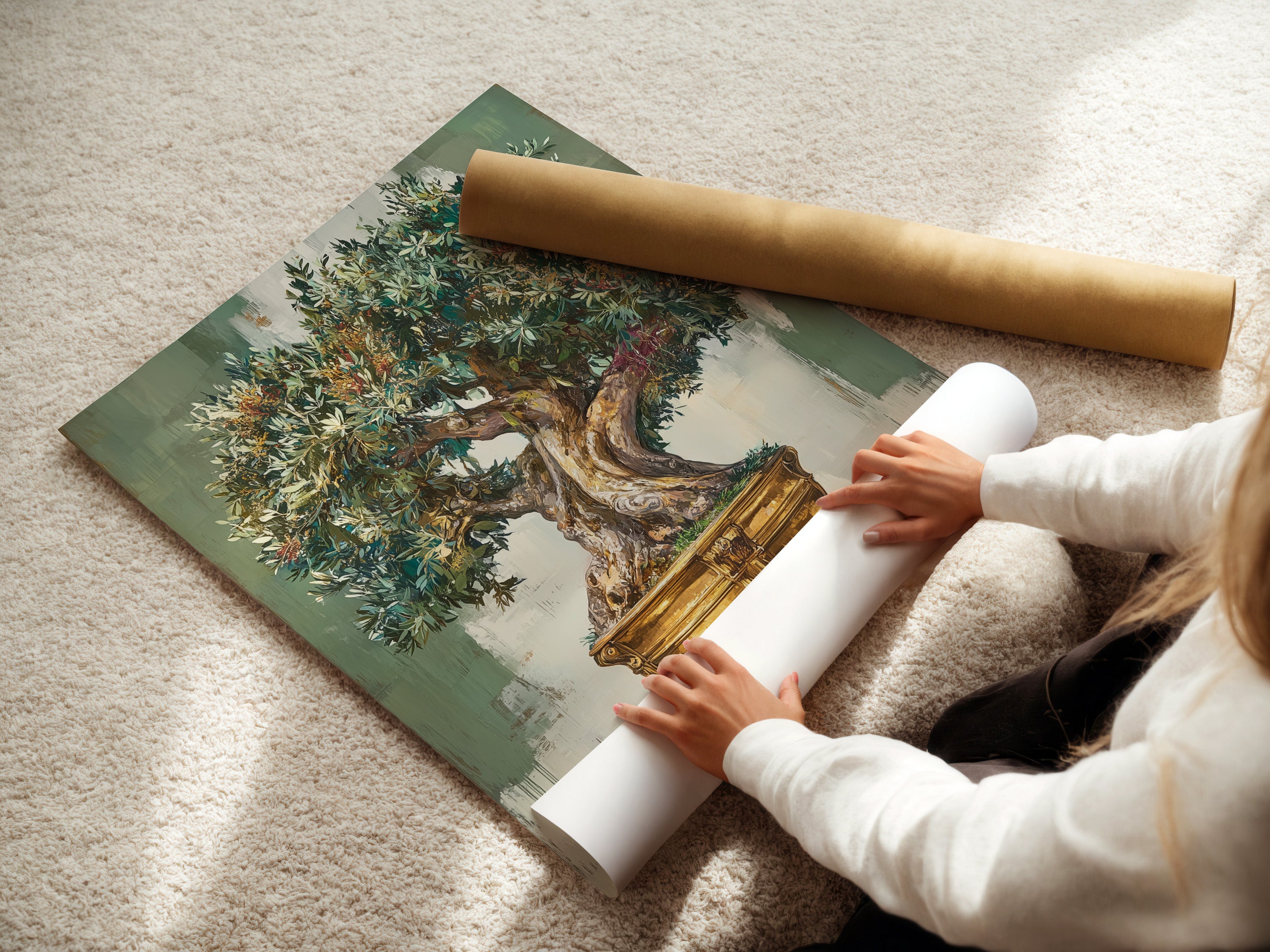 A woman carefully rolls a fine art poster paper. The poster paper is archival quality. It ensures longevity of the artwork. Perfect for preserving and displaying fine art. This paper enhances color and detail.