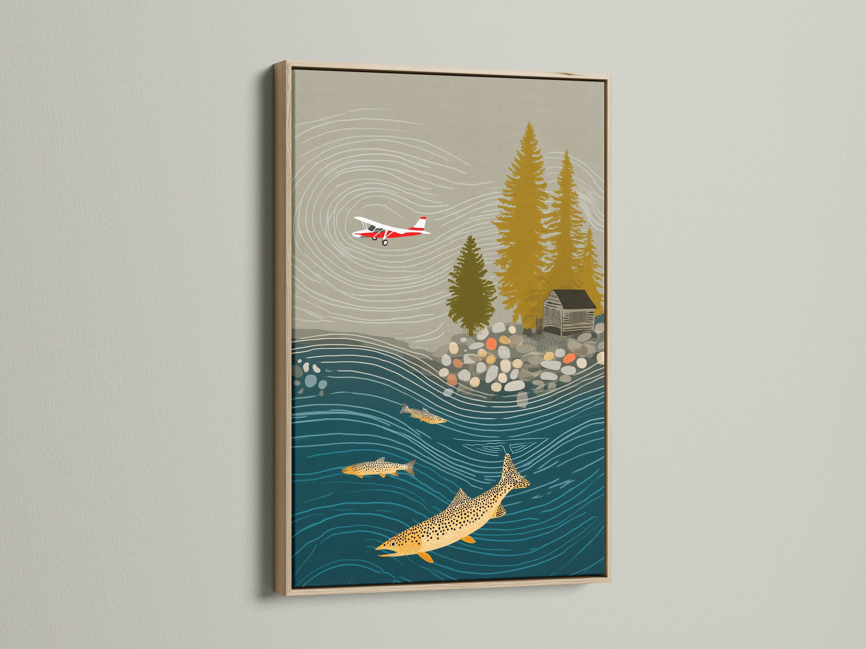 A fishing landscape artwork is displayed in an oak frame. This cabin canvas features an airplane print creating lake wall art. It's ideal trout art for vintage decor. This piece enhances any man cave art or lodge decor.