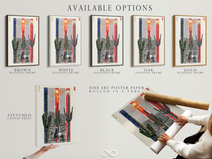 Explore available options for this desert cactus artwork. Choose from stretched canvas print fine art poster paper or a floating frame. Customize your artwork to match your style. Bring the beauty of the southwest into your home with cowboy-inspired decor.