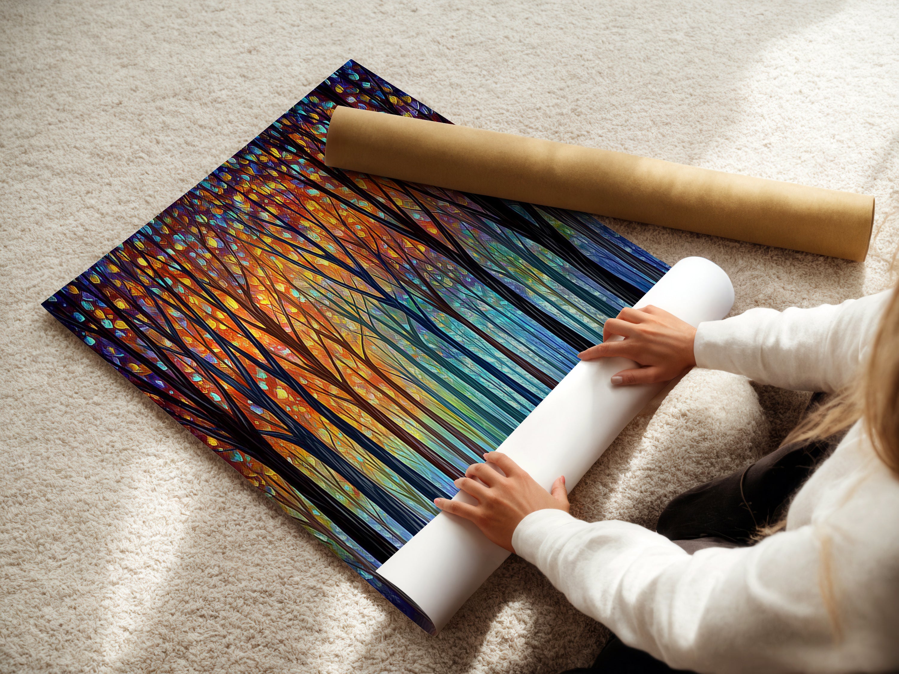 A woman is carefully rolling a fine art poster paper. This high-quality paper is ideal for vibrant and detailed art prints. Perfect for creating stunning nature decor and colorful artwork displays.