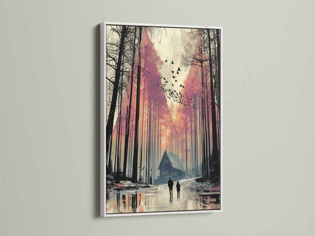 A forest cabin canvas print is elegantly presented in a white frame. The white frame enhances the artwork's serene beauty. This moody landscape artwork brings nature indoors. Perfect for minimalist or Scandinavian-inspired spaces.