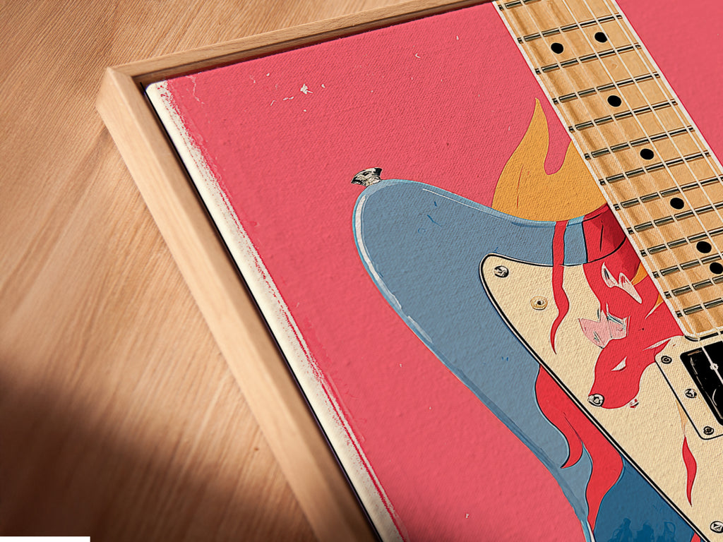 A close-up angled view captures the canvas print in a floating frame. This framing style enhances the artwork's modern appeal. The guitar art seems to float adding depth to the piece. Perfect for music themed spaces.