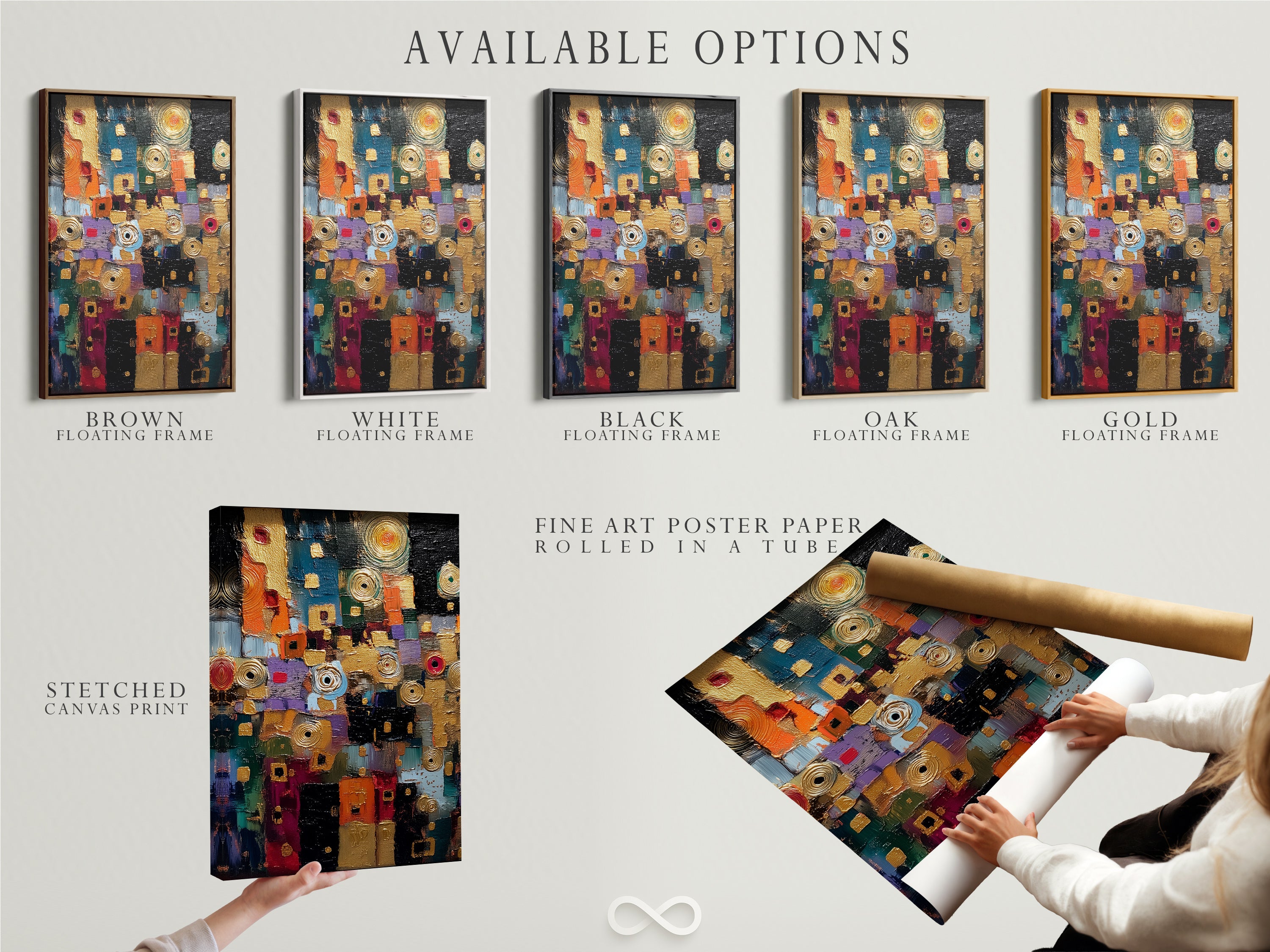 Explore available options for abstract textured artwork. Choose from stretched canvas prints fine art poster paper or floating frames. Colorful modern wall art to match your style. Contemporary mixed media prints perfect for any decor. Find the ideal artwork for your space.