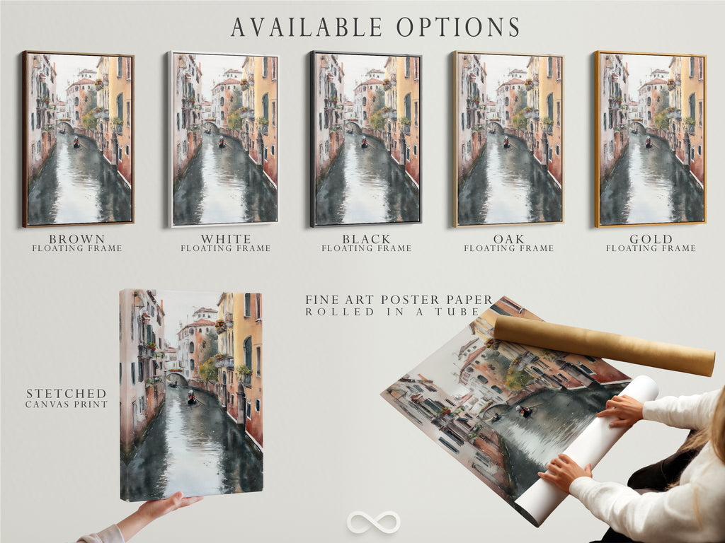 Available options include a stretched canvas print fine art poster paper and floating frame for the Venice Canal artwork. Choose the perfect style for your Italian watercolor wall art and European decor.