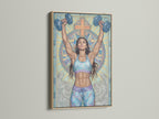 Christian Gym Wall Art in an oak frame. This faith fitness print is perfect for a home gym. The inspirational artwork shows a woman weightlifting. The background includes a cross design. This spiritual workout canvas adds motivation.