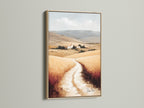 Tuscan Landscape artwork with an oak frame. This Italy art print brings countryside charm to your home. Neutral tone art creates a calming atmosphere. Ideal for farmhouse decor this Italian scenery captures the essence of a wheat field. Add rustic wall art to your dining room.