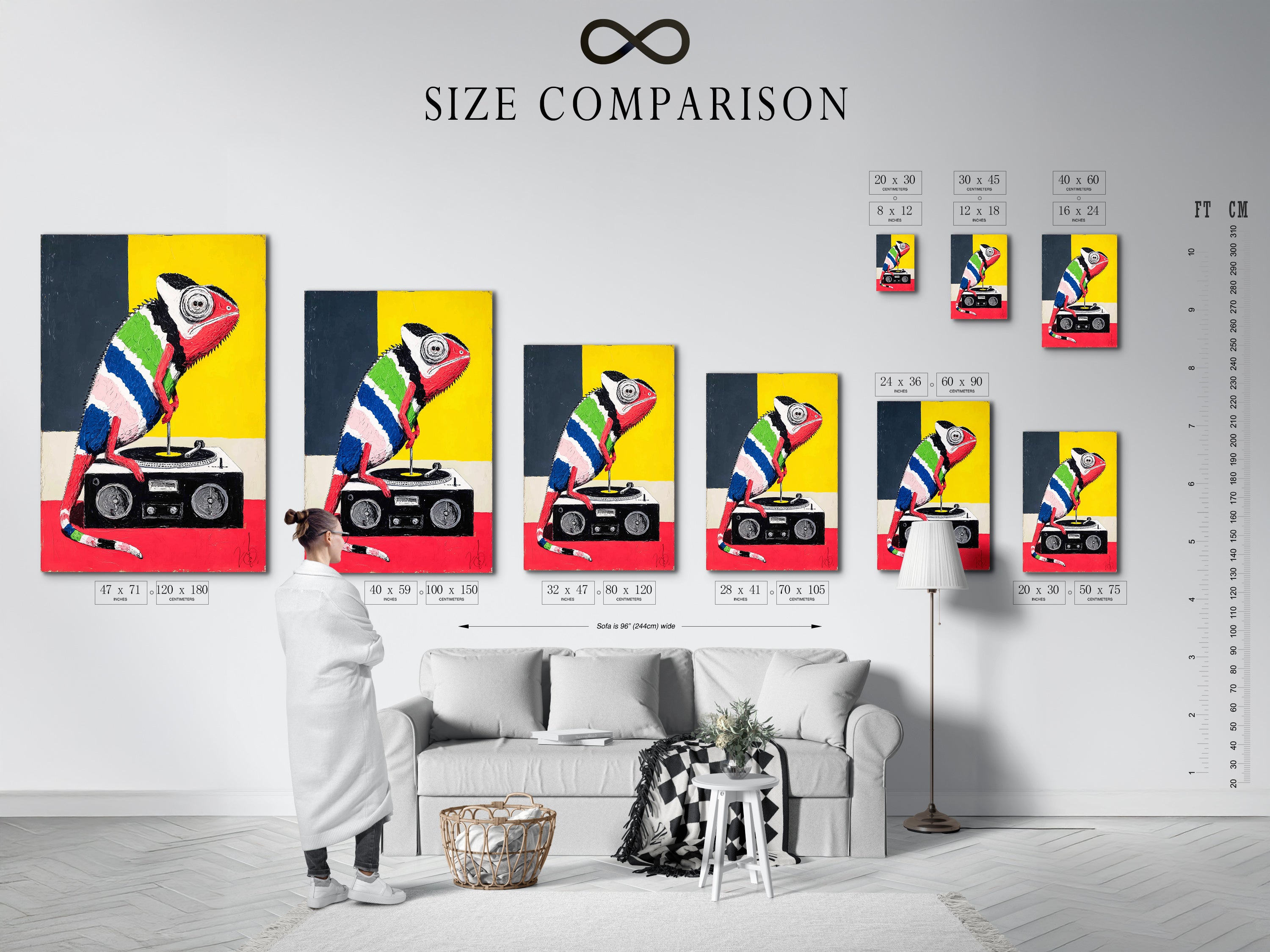 Size comparison chart displayed in an interior setting. See how the colorful chameleon art fits in your space. Visualize the impact of this retro pop art. Perfect for any room.