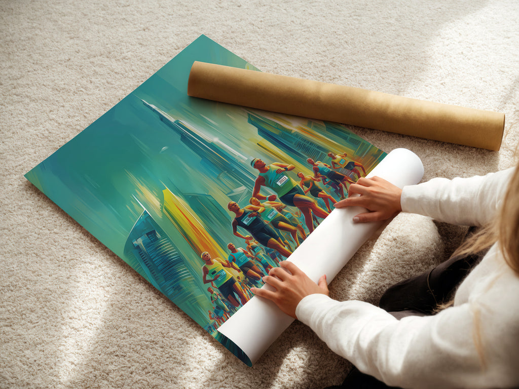A woman carefully rolling a fine art poster paper. She is preparing it for framing or display. High-quality fine art paper ensures artwork longevity. Get your fine art poster paper ready for your next project. Explore our range of art paper today