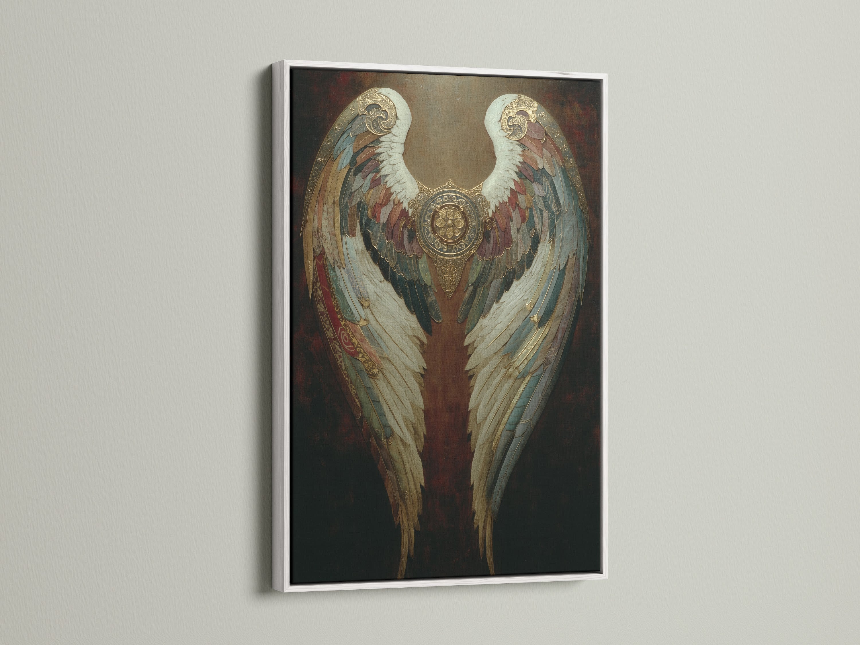 A white frame showcases angel wings artwork. This fine art print is perfect for gothic-inspired home decor. Add spiritual artwork to your bedroom. The angelic art will enhance your living space. This vintage print is ideal for dark academia aesthetics. Feather art adds elegance to mythical art.