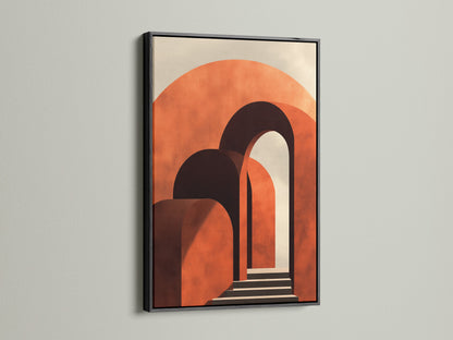 Artwork with a sleek black frame is mounted on a white wall. The art has terracotta arches. A black frame provides a bold contrast. It adds sophistication and highlights the artwork's colors and forms.