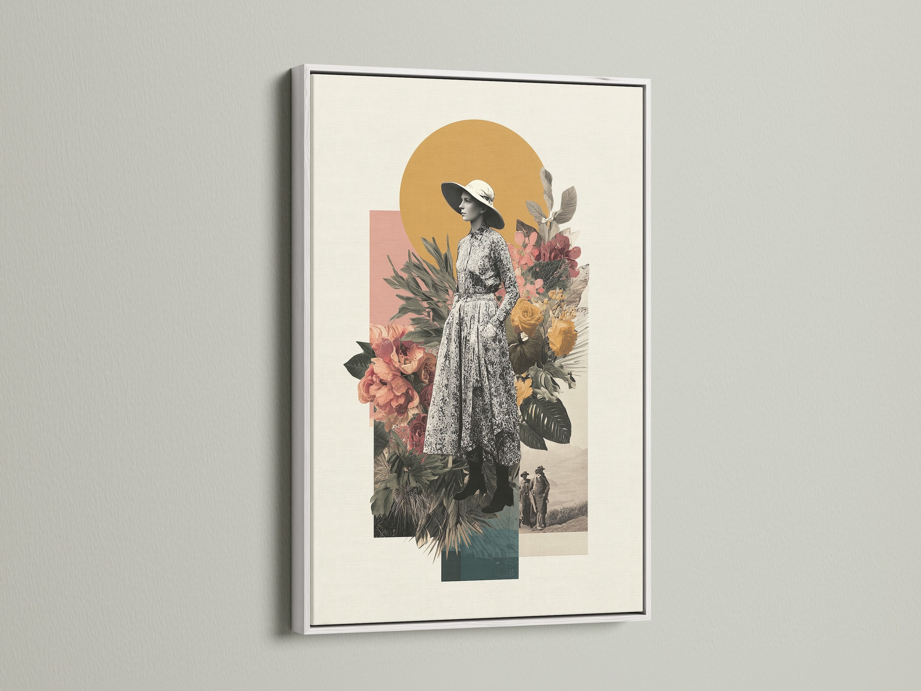 Vintage collage art print in a white frame. This boho wall art features a woman in retro fashion with botanical elements. The white frame enhances the artwork's beige and brown tones. Perfect for brightening your bedroom wall decor. This botanical canvas adds a modern touch.