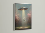 UFO Cat art in a white frame creates a clean modern look. This funny cat art is perfect for minimalist decor. The alien abduction artwork is a conversation starter.