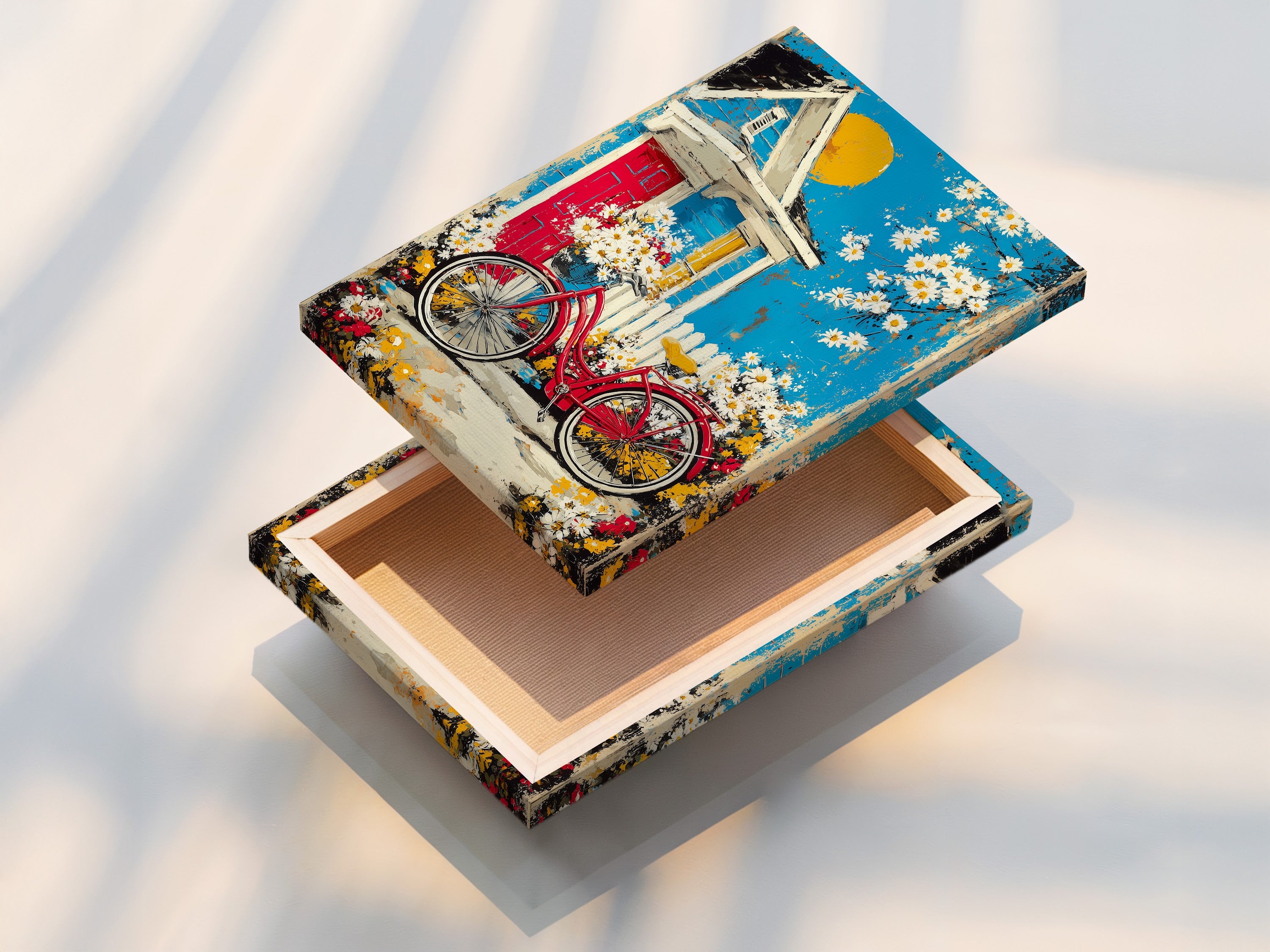 This is a stretched canvas print of the Cottage Garden artwork. The artwork showcases a vintage red bicycle with flowers and a cottage. The stretched canvas provides a gallery-ready look. The vibrant colors and detailed imagery make this a standout piece.