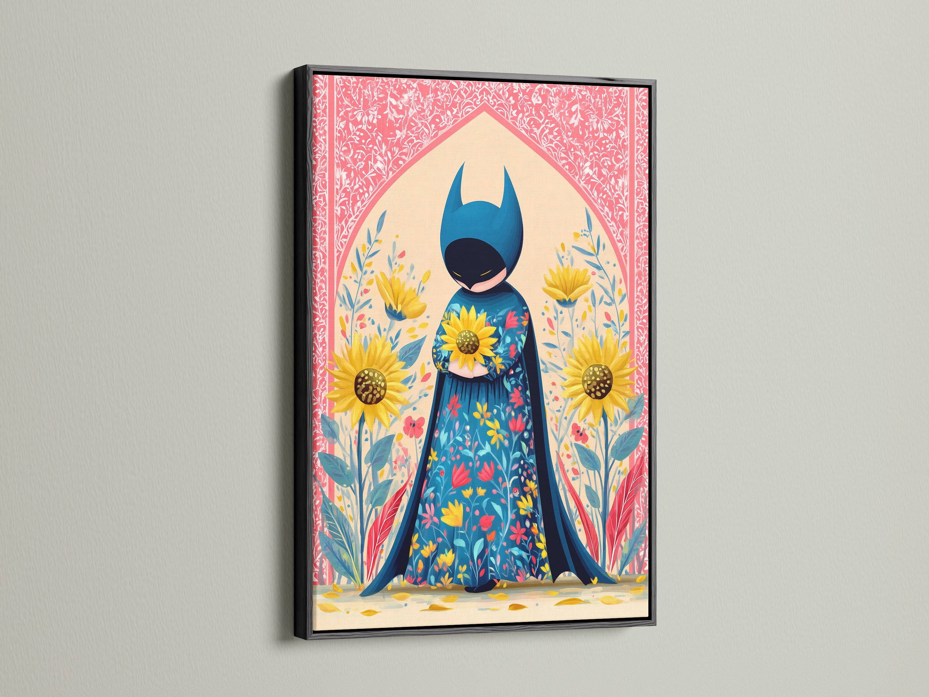 A superhero canvas artwork is displayed in a black frame. The art features folk art with floral elements. The artwork adds a whimsical touch to children's art. This is a unique and colorful art piece. The artwork includes sunflowers and a hero canvas. It is perfect as a child gift.