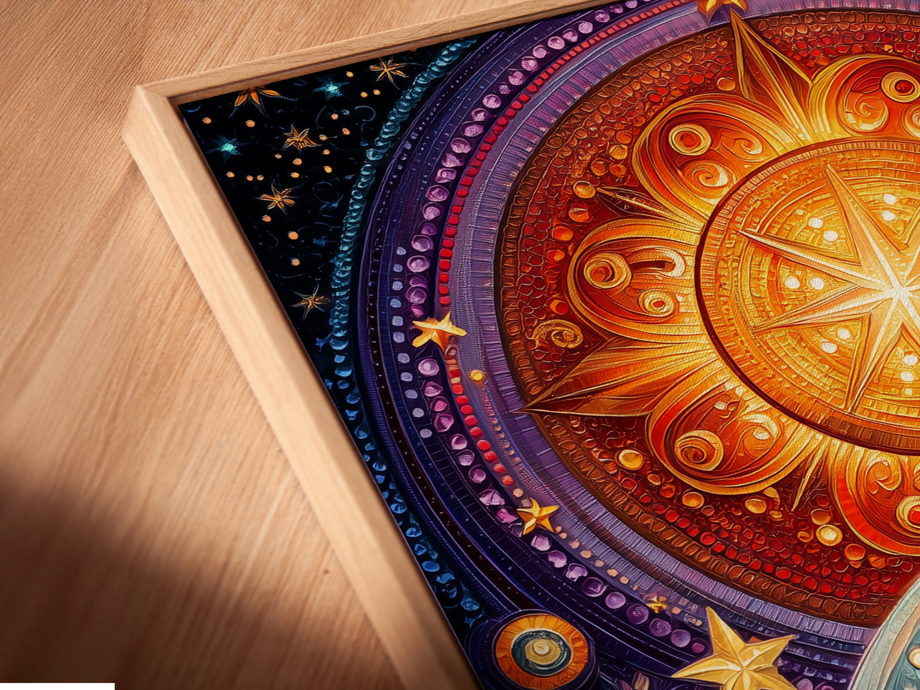 Close-up of a Celestial Tree Canvas Print in a floating frame. The boho mandala artwork has colorful starry night details. This spiritual art piece is perfect for meditation decor. Add a vibrant touch to your bohemian space. The cosmic wall art enhances any room.