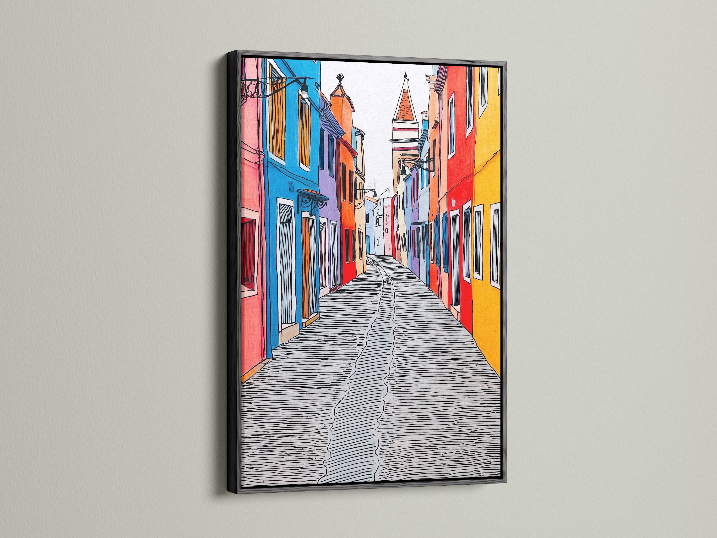 Burano Italy artwork showcased in a black frame. The striking contrast enhances the colorful Italian architecture. This European travel poster is ideal for creating a sophisticated look in your home or office. The venice art is a great conversation piece.