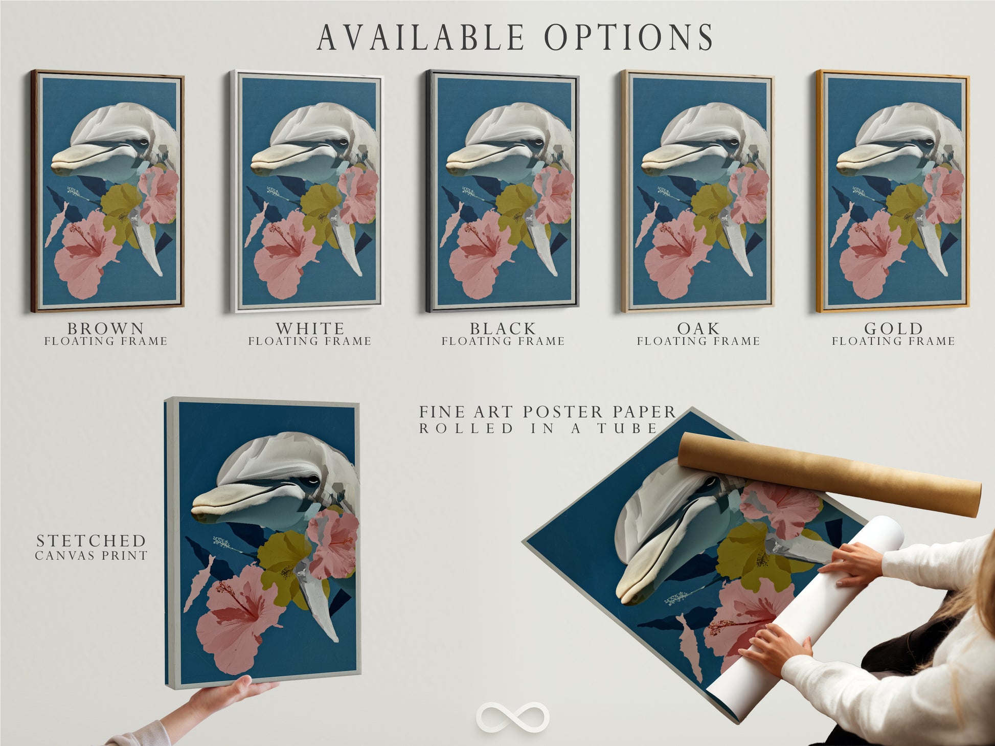 Available options for this whale botanical art print. Choose from a stretched canvas print fine art poster paper or a floating frame. This tropical hibiscus canvas print is perfect for coastal bedroom decor.