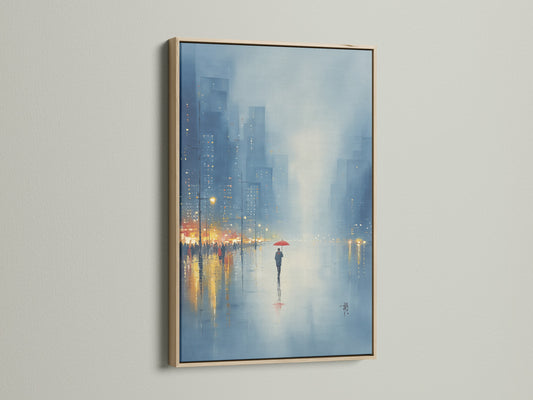 See the Rainy City art print with an oak frame. This cityscape canvas adds a touch of urban sophistication. The oak frame enhances the blue-gray tones of the artwork. Ideal for living room wall art or office wall decor. Elevate your space with this framed masterpiece.