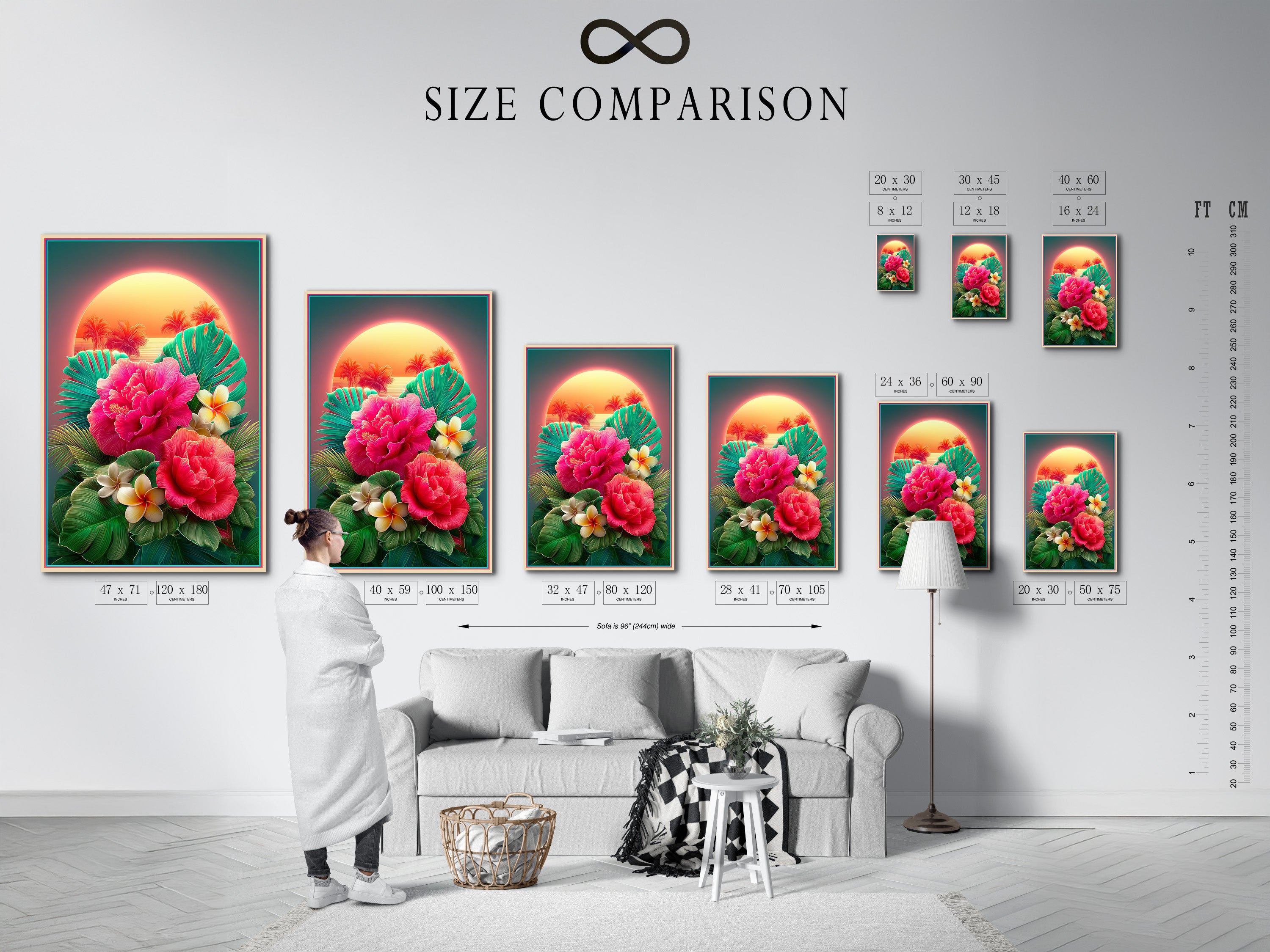 Size comparison chart of artwork displayed in an interior setting. The chart helps visualize different art sizes. You can see how each size fits in your living space. Discover the perfect size for your home. Explore our size options and transform your walls.