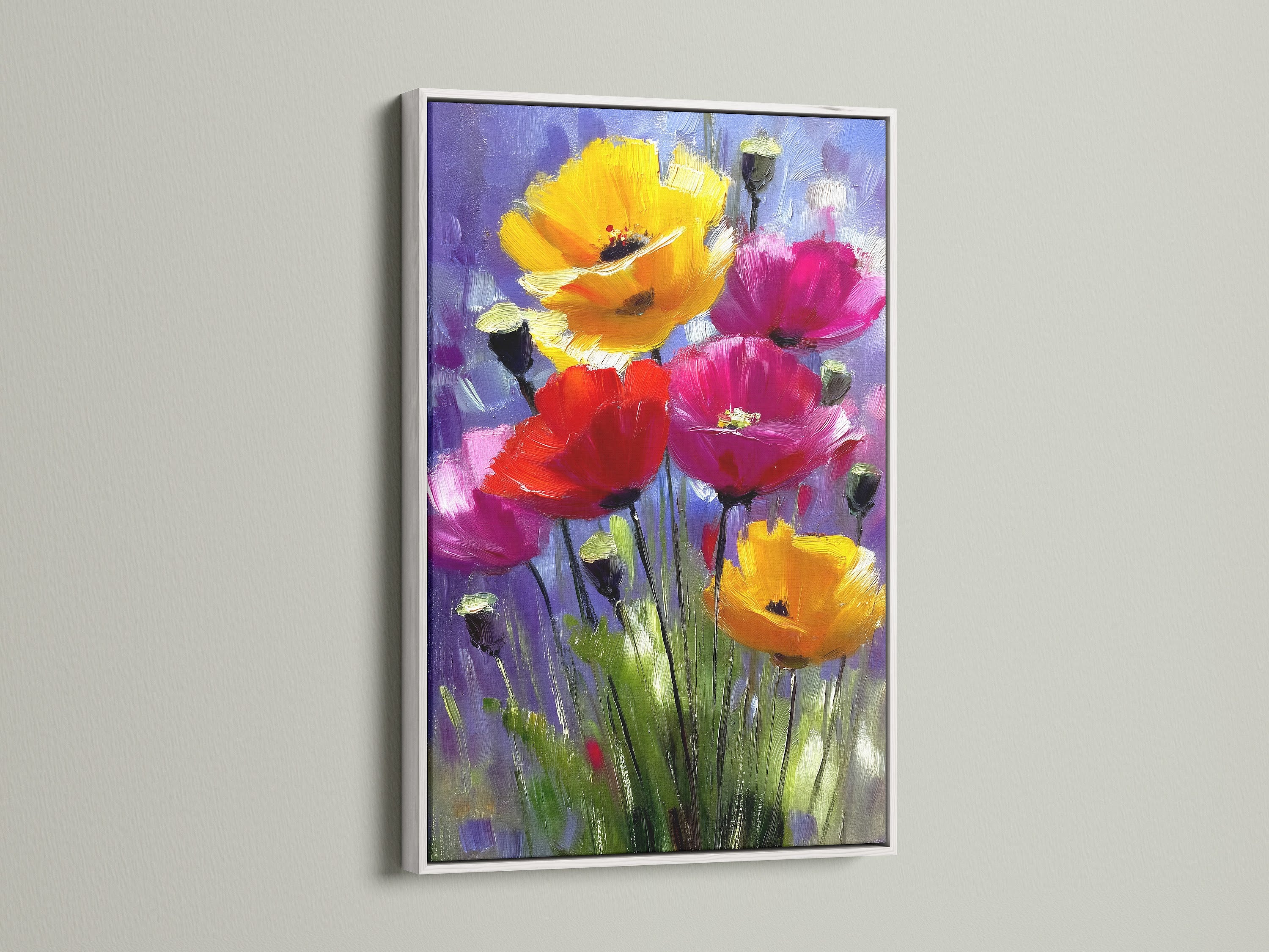 Artwork featuring vibrant flowers in a white frame. The white frame offers a clean modern look. This frame is ideal for contemporary spaces. It allows the artwork to truly stand out and become a focal point.