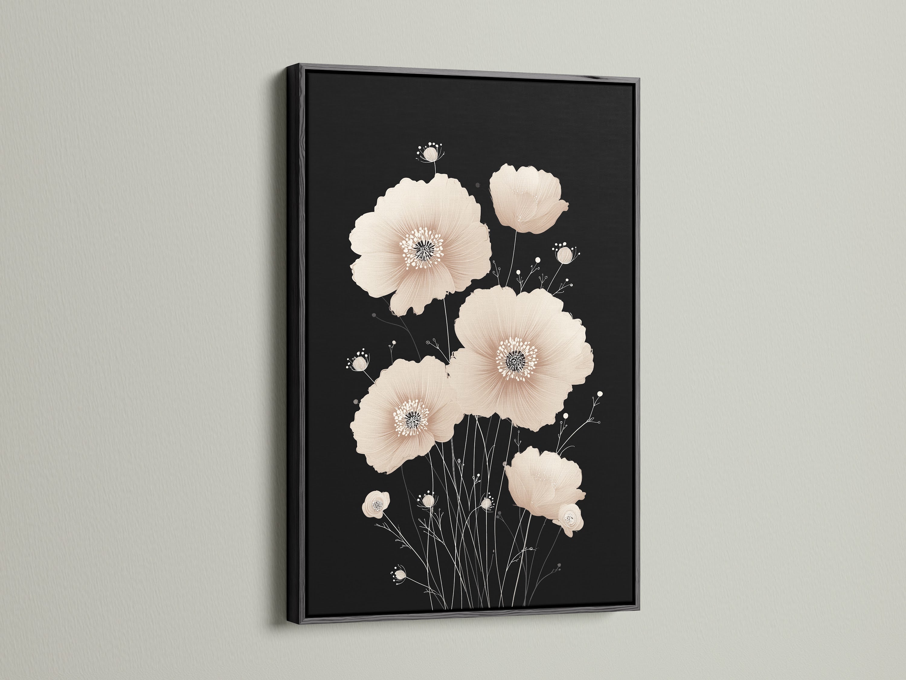 Beige Poppy Flower Artwork in a Black Frame. The black frame creates a striking contrast with the neutral tones of the floral artwork. Perfect for adding a touch of contemporary elegance to your walls. This minimalist print is a stylish choice for bedroom or living room art.