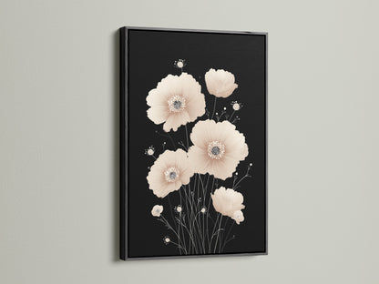 Beige Poppy Flower Artwork in a Black Frame. The black frame creates a striking contrast with the neutral tones of the floral artwork. Perfect for adding a touch of contemporary elegance to your walls. This minimalist print is a stylish choice for bedroom or living room art.