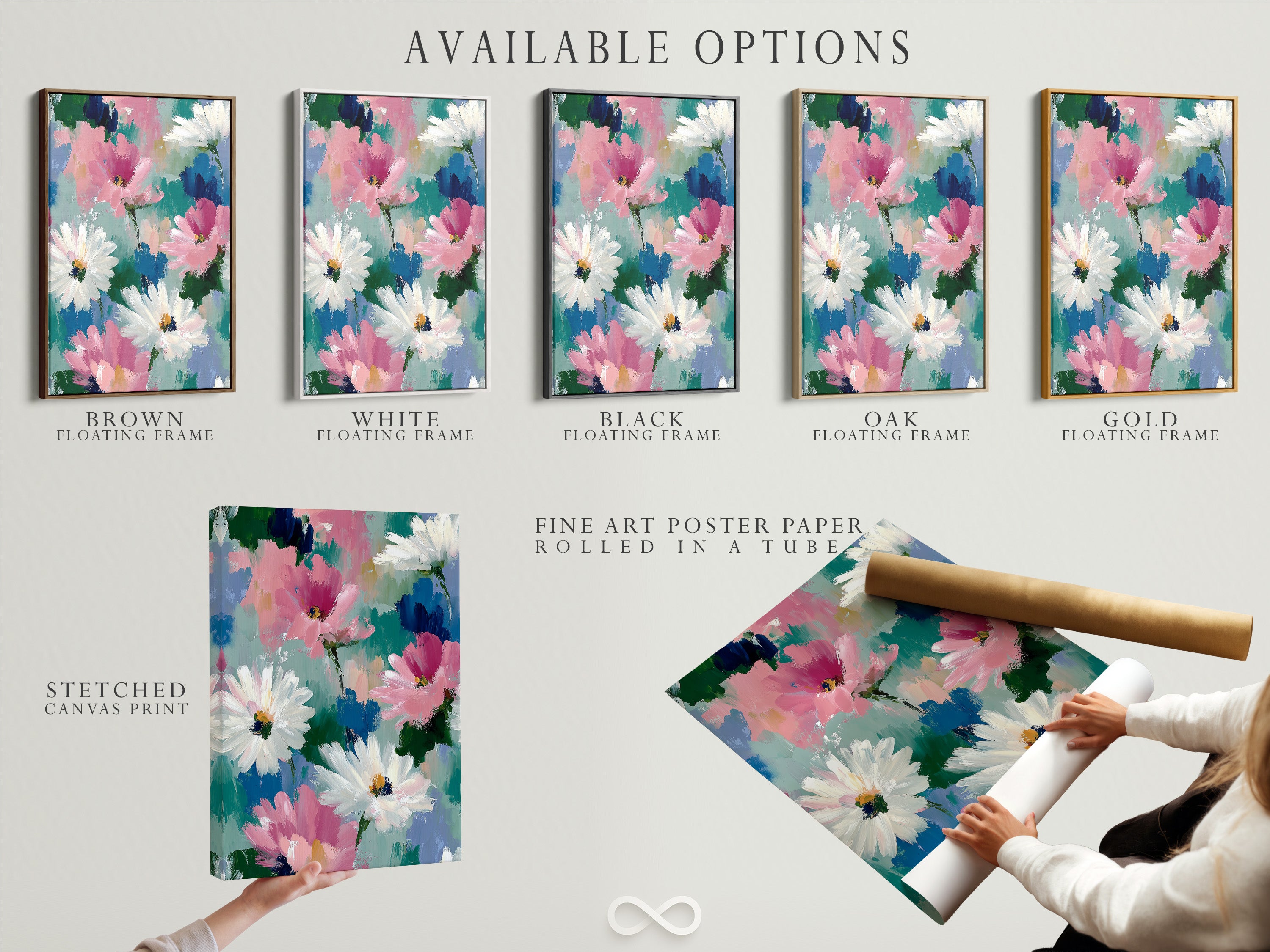 Explore the available options for your artwork. Choose from a stretched canvas print a fine art poster paper or a floating frame. Find the perfect presentation for your abstract floral artwork. Create a stunning gallery wall with our versatile display options.
