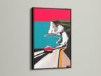 Coastal road artwork print in a black frame. The artwork features a red car driving along a scenic coastal route. The black frame adds a touch of modern sophistication. This mid-century modern piece is perfect for car collectors and travel enthusiasts. Elevate your wall decor with this unique piece.