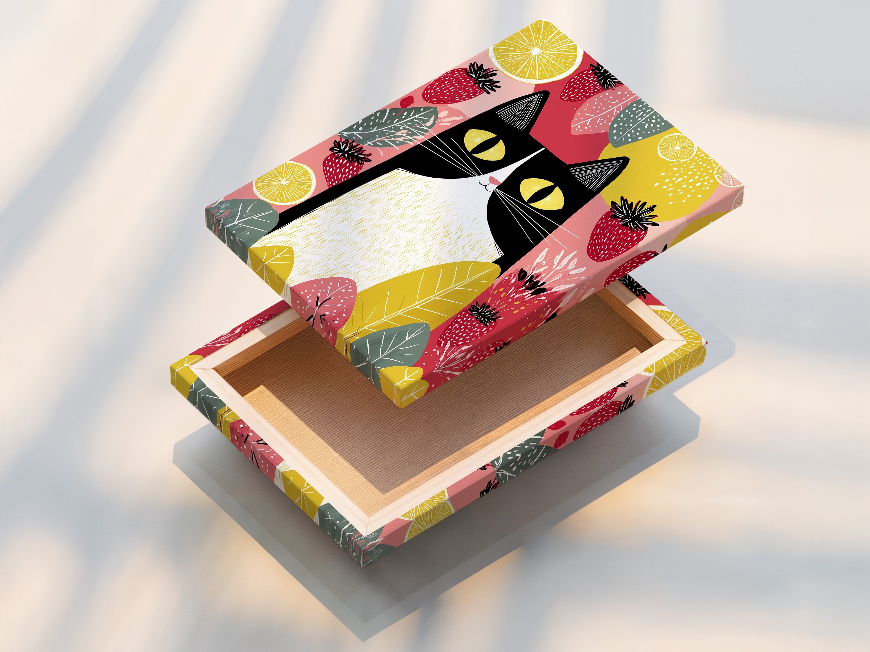 A stretched canvas print features a charming cat. This modern folk art print is ready to hang. It is perfect for kitchen wall decor. The colorful cat and fruit add a touch of whimsy. This artwork is ideal for dining room decor. It is great as a cat lover gift.