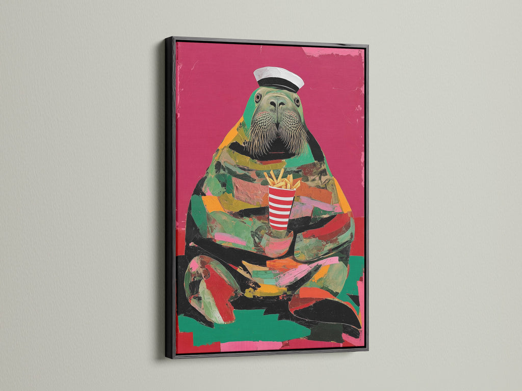 Walrus Sailor art in a black frame. A perfect canvas for those seeking quirky wall decor. This colorful animal art is both memorable and unique. Enhance your space with this retro wall art.