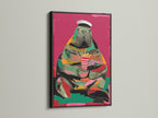 Walrus Sailor art in a black frame. A perfect canvas for those seeking quirky wall decor. This colorful animal art is both memorable and unique. Enhance your space with this retro wall art.