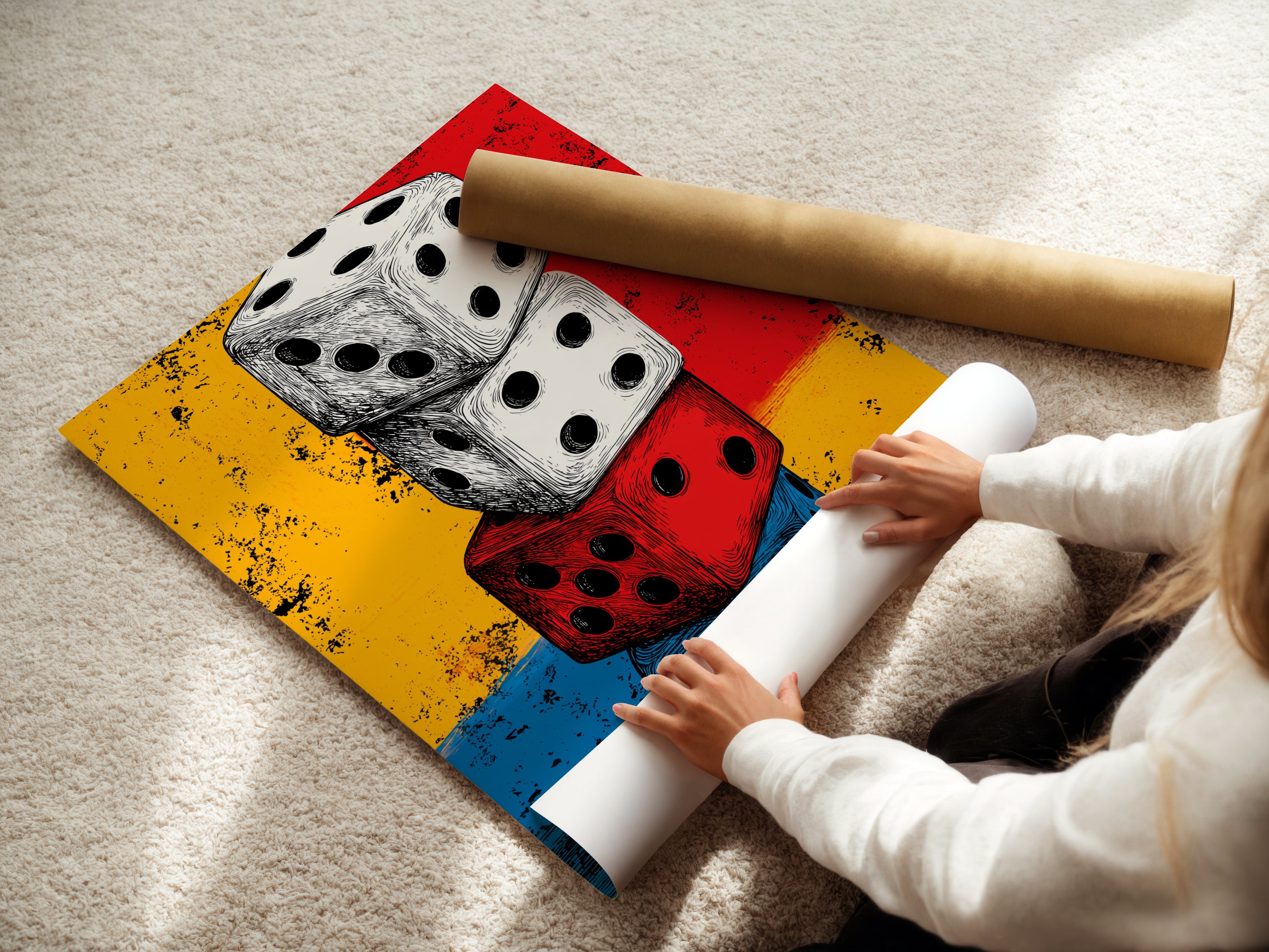 A woman is rolling a fine art poster paper. This Vintage Dice artwork is great for your home. The artwork is a colorful canvas art. Get your pop art print today for your office wall art