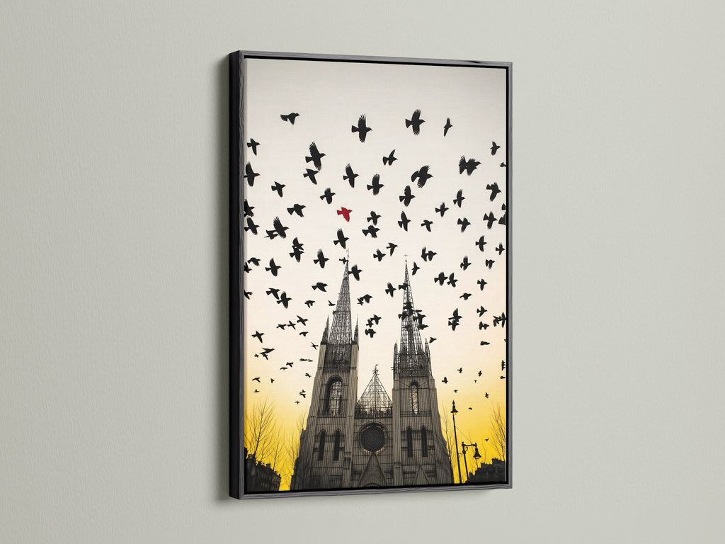 Gothic Cathedral artwork with birds in flight. This artwork is framed in black. The black frame provides a sleek contrast. This artwork is suitable for any room. Gothic wall decor for your home or office is easily achieved with this print.