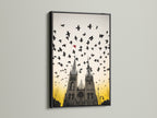Gothic Cathedral artwork with birds in flight. This artwork is framed in black. The black frame provides a sleek contrast. This artwork is suitable for any room. Gothic wall decor for your home or office is easily achieved with this print.