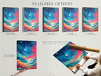 Available options include a stretched canvas print fine art poster paper and floating frame. The featured artwork is a fantasy landscape. The colorful sky art enhances any room. Choose the perfect format for your whimsical decor. Add a touch of modern art.