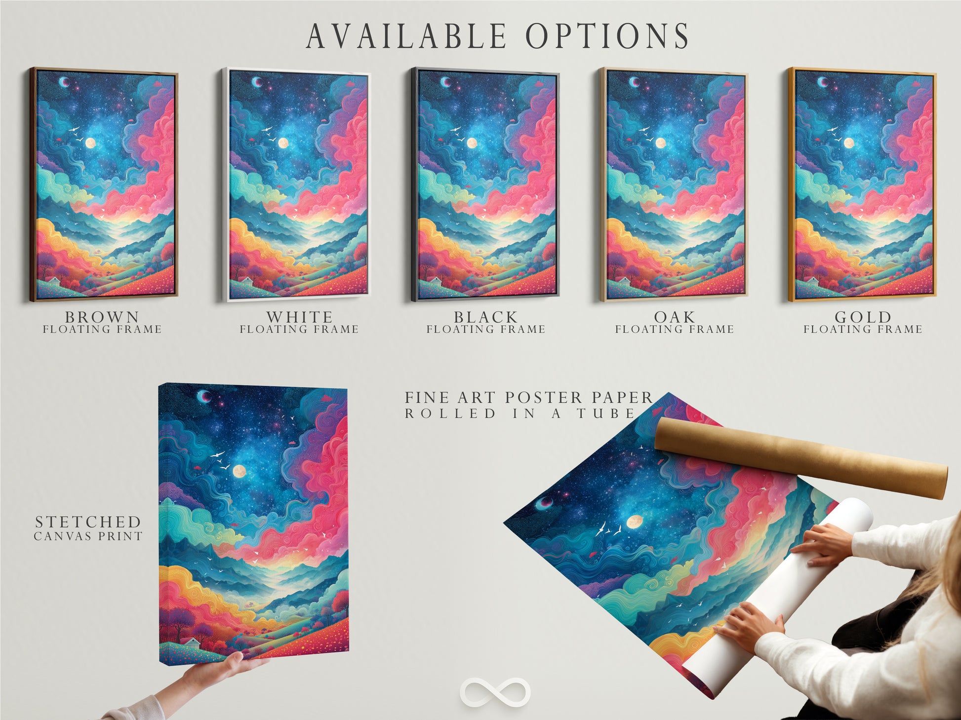 Available options include a stretched canvas print fine art poster paper and floating frame. The featured artwork is a fantasy landscape. The colorful sky art enhances any room. Choose the perfect format for your whimsical decor. Add a touch of modern art.