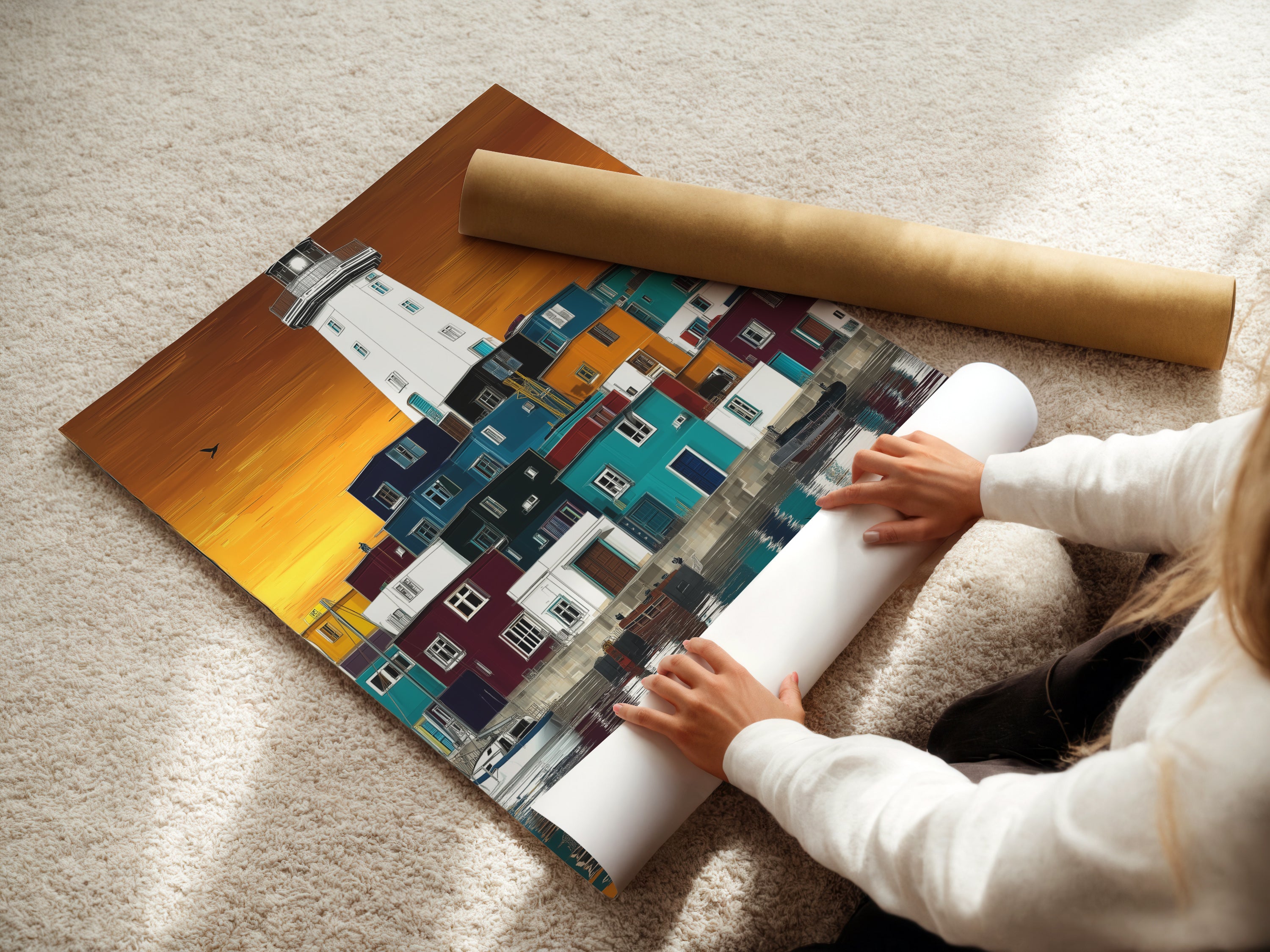A woman is carefully rolling a fine art poster paper. This highlights the care in handling the coastal lighthouse artwork. The fine art paper ensures the artwork's quality. Perfect for preserving the beauty of the nautical wall art. It adds a special touch.