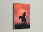 Native American Warrior canvas art in an oak frame. The sunset silhouette creates a stunning visual. Ideal for western wall decor and horseback rider art. This tribal wall art adds a touch of southwestern charm to your home or office.