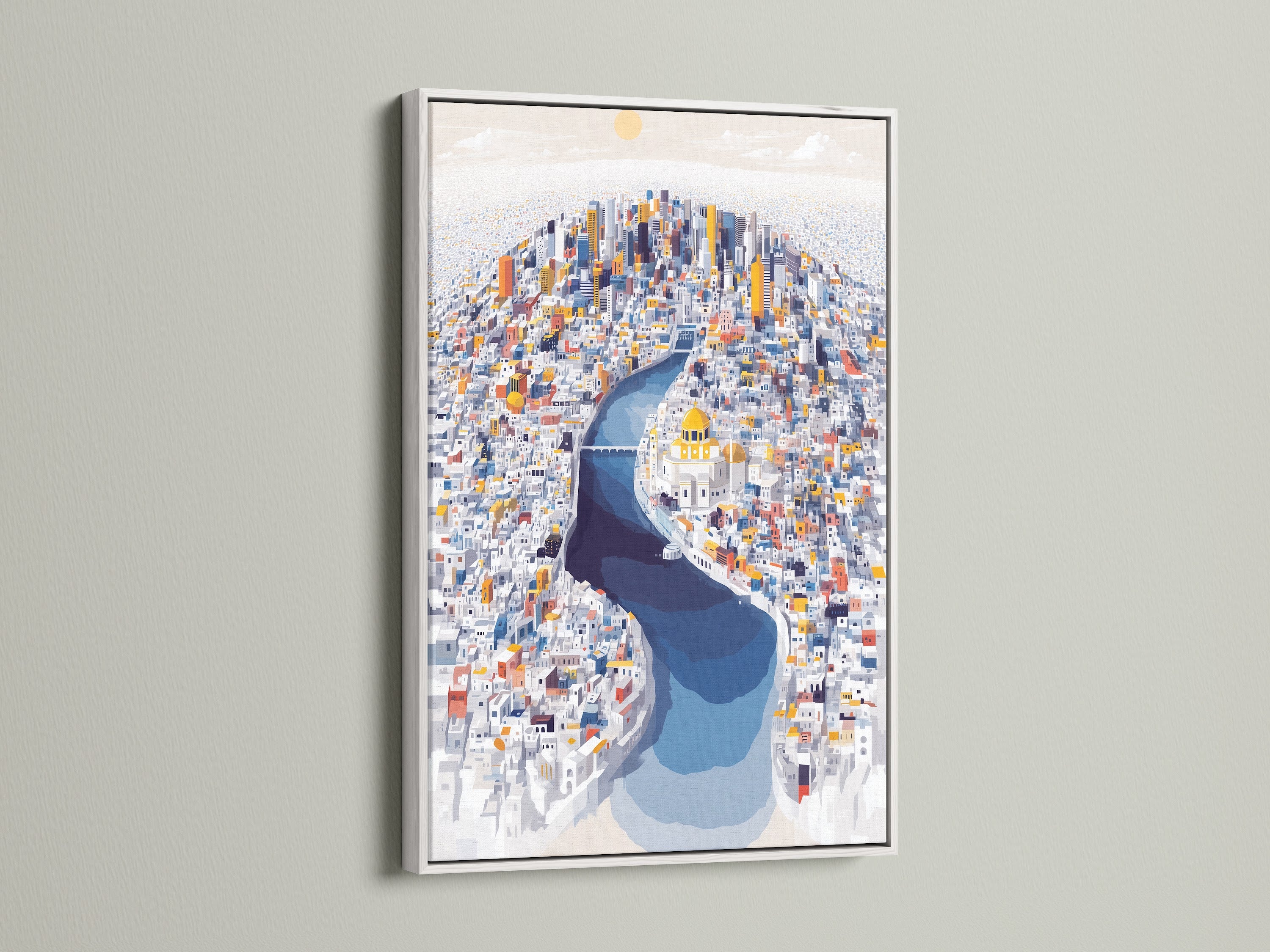 This modern cityscape artwork is showcased in a clean white frame. The urban canvas print features colorful architectural details. It is ideal for adding a fresh touch to any space. The white frame complements the artwork's contemporary style. A perfect addition to modern wall art collections.